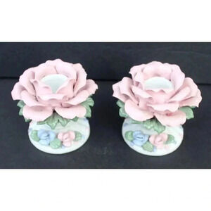 2 Vintage PINK & BLUE Porcelain Flower Victorian Candlestick Holder Decor